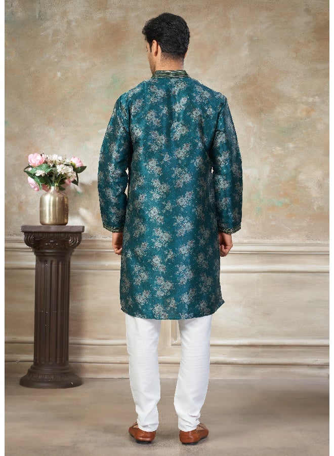 OUTLUK Teal Blue Premium Silk Kurta for Men - Image 2